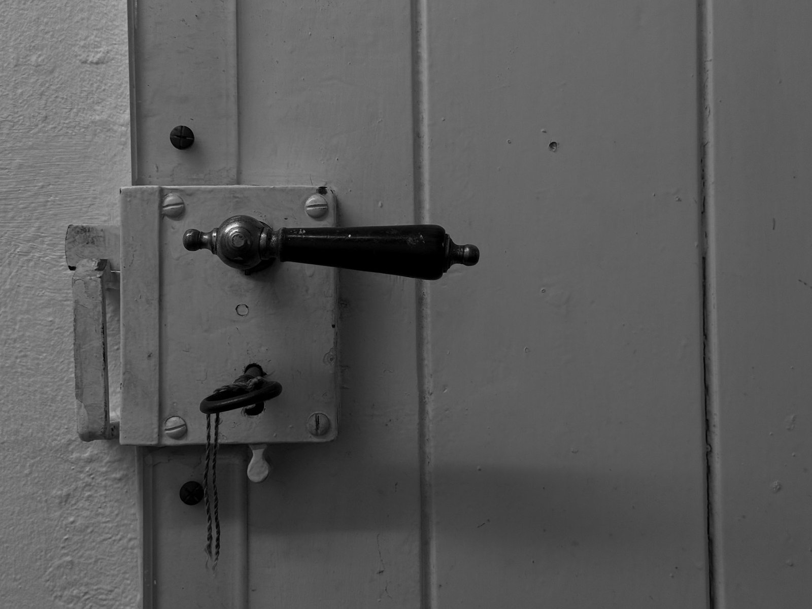 Door handle and rim lock with a key in the keyhole